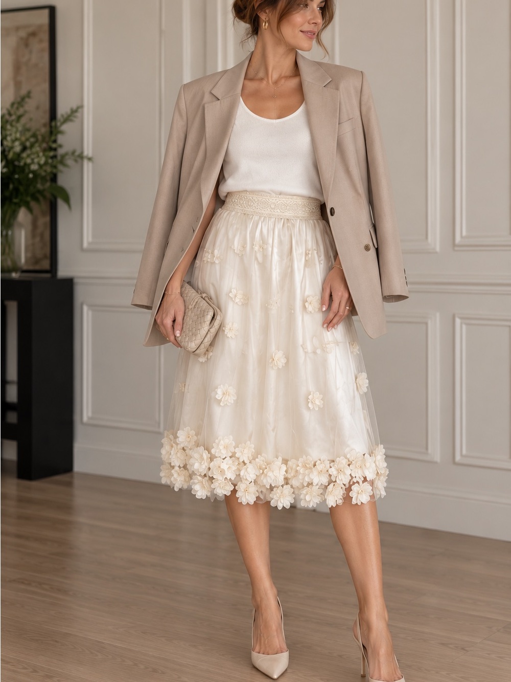 Ivory 3D Floral Appliqué Tulle Midi Skirt Romantic Coquette